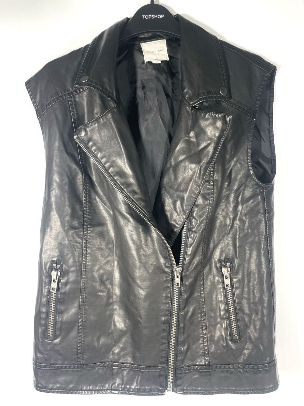 Anthropologie Silence + Noise Shiny Black Faux Leather Moto Vest Zip Women Small